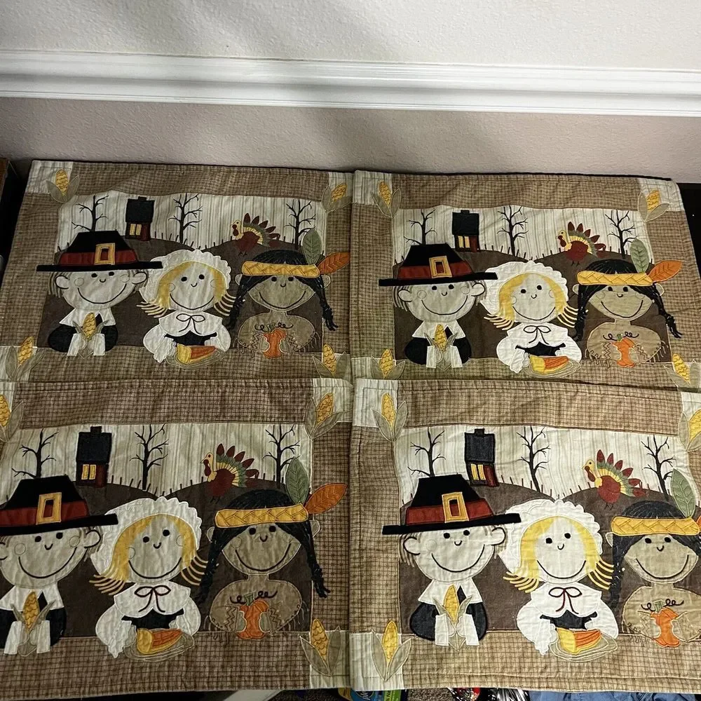 4 Vintage Thanksgiving Placemats Pilgrim Indian‎ Native American Kitschy Cute
